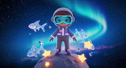 Naklejka premium Cute astronaut girl on moon with glowing fish and stars.
