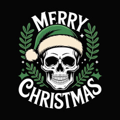 Merry Christmas skull badge wearing Santa hat, laurel leaves surrounding, retro holiday vector illustration, poster, sticker, tshirt, alternative festive graphic
