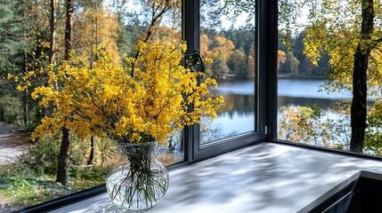   Vase yellow flowers window sill forest trees