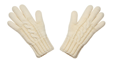 Pair of Cozy Off-White Knitted Cable Knit Gloves Isolated on White Background, Perfect for Winter Fashion and Warmth