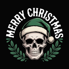 Merry Christmas skull icon with Santa cap and laurel, vintage lettering, holiday vector illustration, poster, sticker, tshirt, gothic festive art