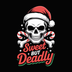 Sweet but deadly Santa skull with candy cane crossbones, gothic Christmas typography badge, spooky festive t shirt graphic vector illustration