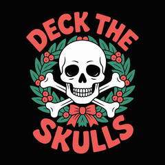 Jingle bones elf hat skull, playful spooky Christmas typography, snowflake accents, fun vector emblem for poster, sticker, and apparel