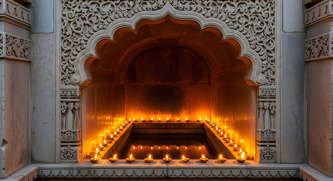 Intricate stone alcove glows with numerous small, flickering candle flames in a tranquil setting. - Powered by Adobe