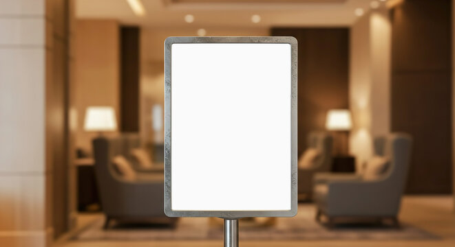 Blank signage in a modern hotel lobby with cozy seating area and warm lighting