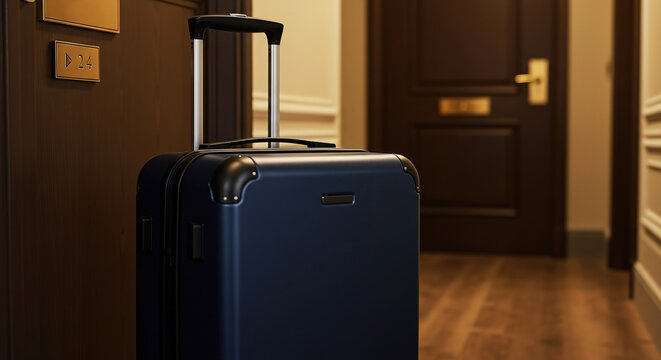 Luggage waiting by a hotel room door in a cozy corridor during evening hours