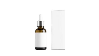 Cosmetic amber glass dropper bottle with clean white label and paper box modern branding packaging design isolated on white background