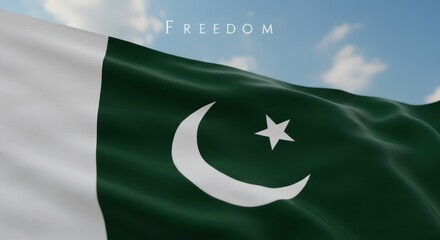 Pakistan flag waving in the wind against a blue sky, symbolizing freedom and independence.