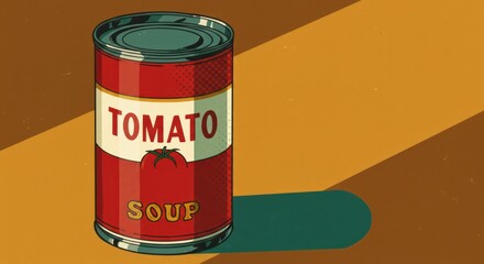 Retro-styled illustration of a tomato soup can against a warm-toned background.