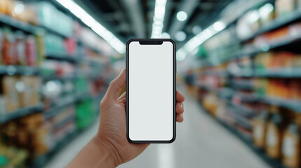 Modern Mobile Phone Mockup Held in Hand Supermarket Shopping Aisle. Ai Generated Images
