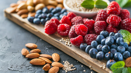 Fototapeta premium Assortment of fresh berries, nuts, and seeds on a wooden board. A beautifully arranged selection of fresh raspberries, blueberries, almonds, and seeds on a rustic wooden board, perfect for healthy eat