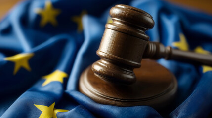 Detailed Gavel and European Union Flag Symbolizing Justice and Law. Ai Generated Images
