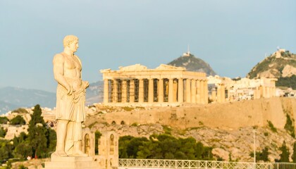 Obraz premium Ancient Greek statue and temple