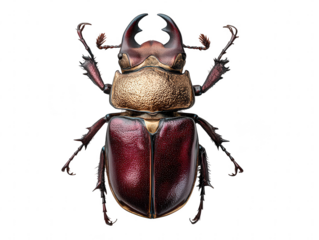 Detailed macro view of a metallic red and gold stag beetle isolated on transparent background