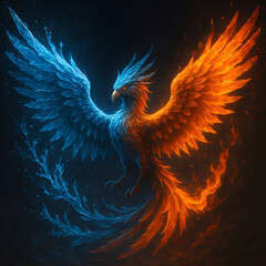 Obraz premium A fire phoenix with wings partially made of ice.
