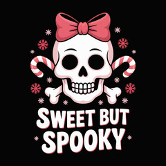 Winter skull candy cane crest with ribbon lettering, festive punk Christmas artwork, vector printable design for cards, tags, and gifts