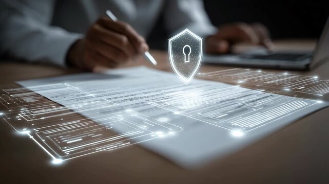 Secure Digital Agreement: Man signs a document with digital security overlay, symbolizing data protection and secure online transactions. - Powered by Adobe