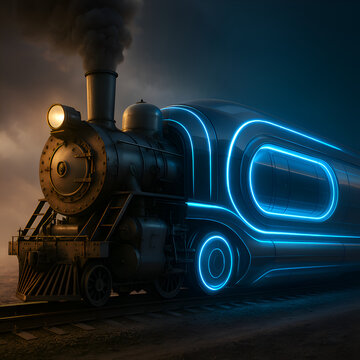A classic steam train is transformed into a futuristic hyperloop.