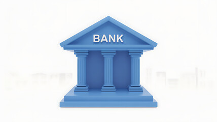 A blue 3D illustration of a bank building with three Greek-style columns and a triangular pediment, set against a white background.