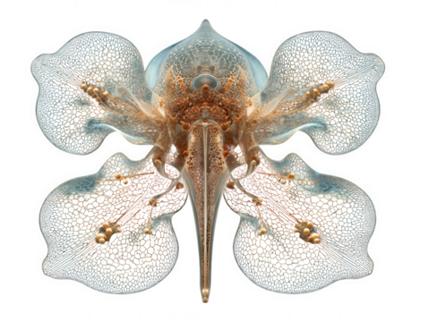 Intricate bioluminescent deep sea creature with delicate wings isolated on transparent background