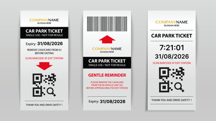 Realistic Car Park Ticket and Parking Receipt Templates with QR Codes and Barcodes – Smart Parking System and Transportation Payment Design for Entry, Exit, Expiry Date, and Payment Verification