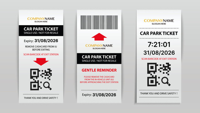 Realistic Car Park Ticket and Parking Receipt Templates with QR Codes and Barcodes &ndash; Smart Parking System and Transportation Payment Design for Entry, Exit, Expiry Date, and Payment Verification