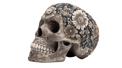 3D skull with floral carvings (Day of the Dead crossover) on white background