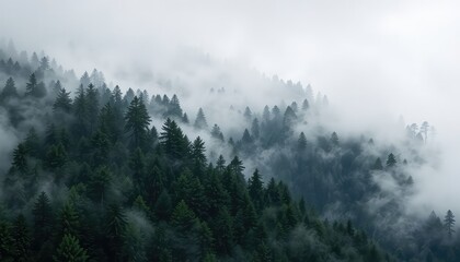 Misty treetops shrouded in morning fog create a peaceful and mysterious atmosphere over the dense forest of evergreen trees