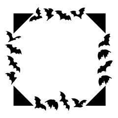 Square Halloween frame with flying bats and dark corner accents. Great for spooky invitations, seasonal posters, party decor, and October holiday projects