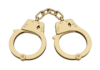 Golden handcuffs linked by chain security equipment isolated on transparent background