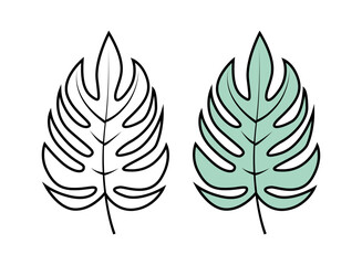 Stylized tropical leaves, one outlined in black and the other filled in soft green, perfect for botanical illustrations.