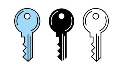 Three distinct keys: one blue, one black, and one outlined in black, showcasing a contrast of colors and designs.