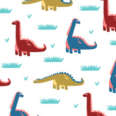 funny cute brontosaurus dinosaur seamless pattern vector cartoon design for kids apparel fullprint fabric