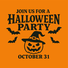 Halloween Party Invitation with Witch Hat Pumpkin and Bats – Vector Design