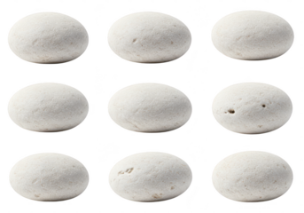 A collection of nine round, smooth, textured pebbles isolated on a transparent background, showcasing natural organic material in a clean, simple arrangement