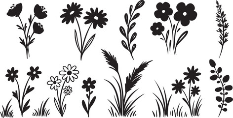 Hand Drawn Black Floral Elements and Grass Silhouettes flower botanical