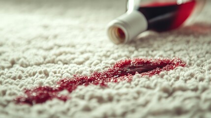 An elegant glass of rich red wine accidentally tipped over, leaving a dark and noticeable stain on a soft carpet