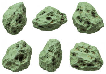 Collection of six green porous rocks isolated on a transparent background, showcasing their rough texture and natural geological formations