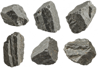 Collection of six rough, dark gray mineral rocks isolated on a transparent background, showcasing diverse textures and geological formations