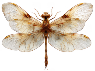 Detailed close up of a golden dragonfly with intricate wing patterns isolated on transparent background
