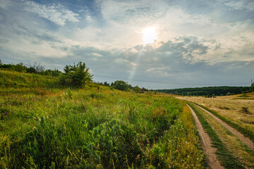 A dirt road winds through a field of lush green and dry golden grasses, with the sun creating a brilliant lens flare through the cloudy sky, highlighting the rural scene.