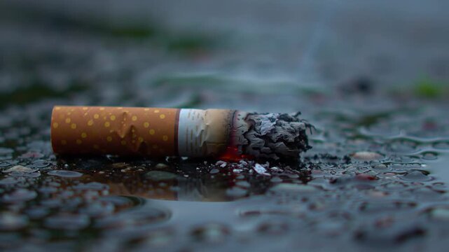 Macro Shot of Cigarette stub waste with Glowing Ember on Dimly Lit Pavement