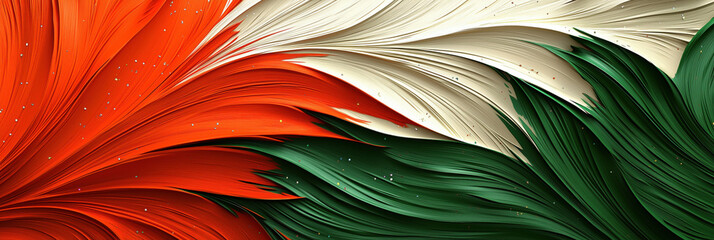 Abstract horizontal banner in Mexican flag colors green, white, and red, with dynamic flowing textures and festive sparkles. Perfect for Independence Day and cultural events