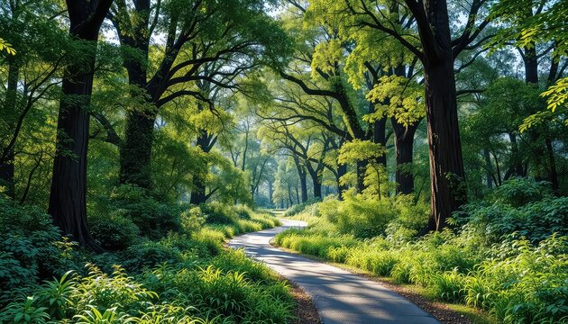 Winding path leads through a dense forest with sunlight filtering through the lush green canopy of trees and vegetation
