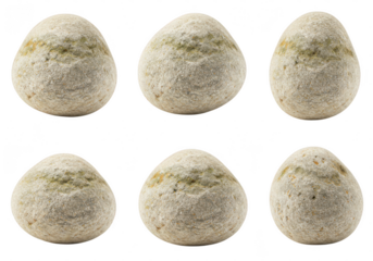 Six ovalshaped stones with a rough, speckled texture and a green stripe, isolated on a transparent background