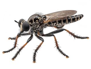 Detailed macro photograph of a robber fly insect with intricate markings isolated on transparent background