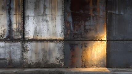 Weathered riveted metal wall with bright orange light reflection texture rusty background