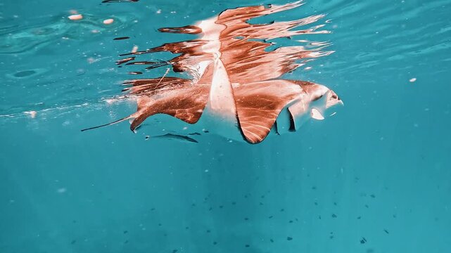 Pregnant manta ray swimming in a circle feeding planktons