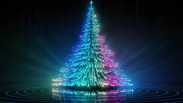 digital technical glowing christmas tree illustrated animation