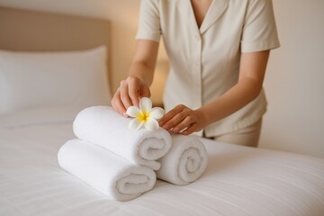 Hotel maid prepares fresh, rolled towels, gracefully placing a vibrant plumeria blossom for ultimate guest comfort and personalized spa experience.